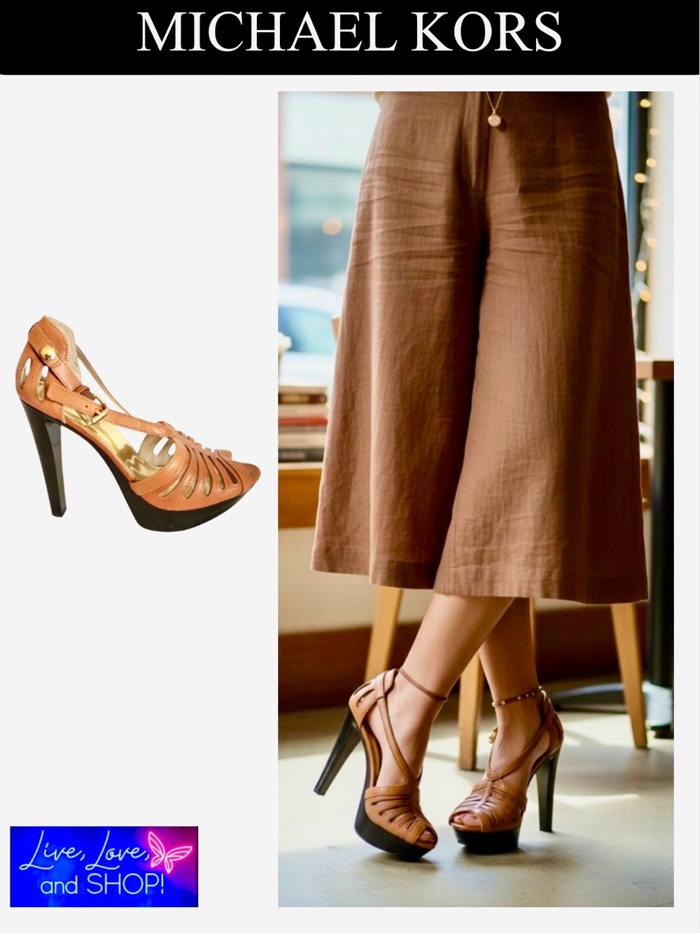 MICHEAL KORS Brown/Caramel Leather Strap Sandals w/Golden Accents, EUC